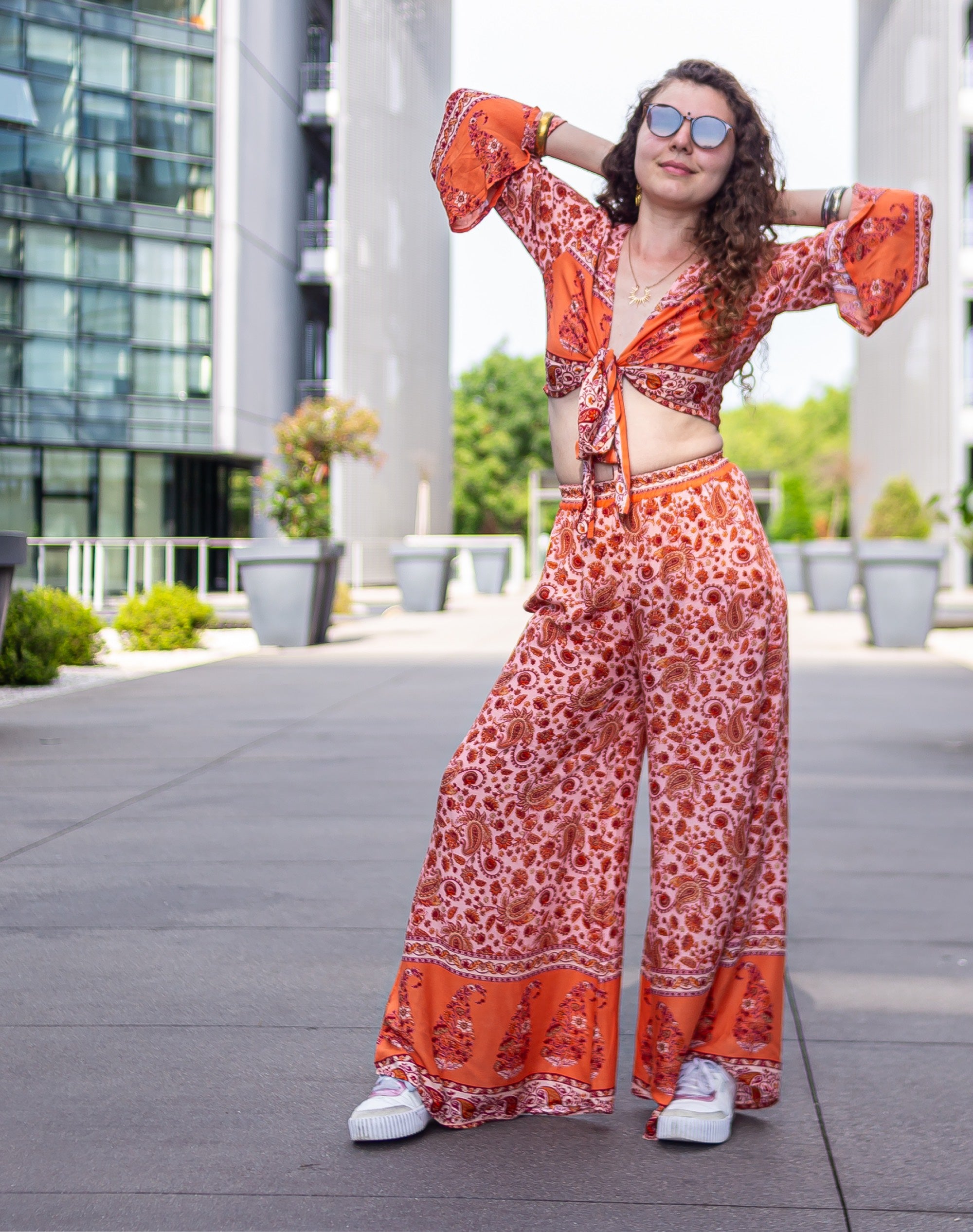 Ensemble boho orange KUTA HATIKU haut a nouer et pantalon large Mohayati