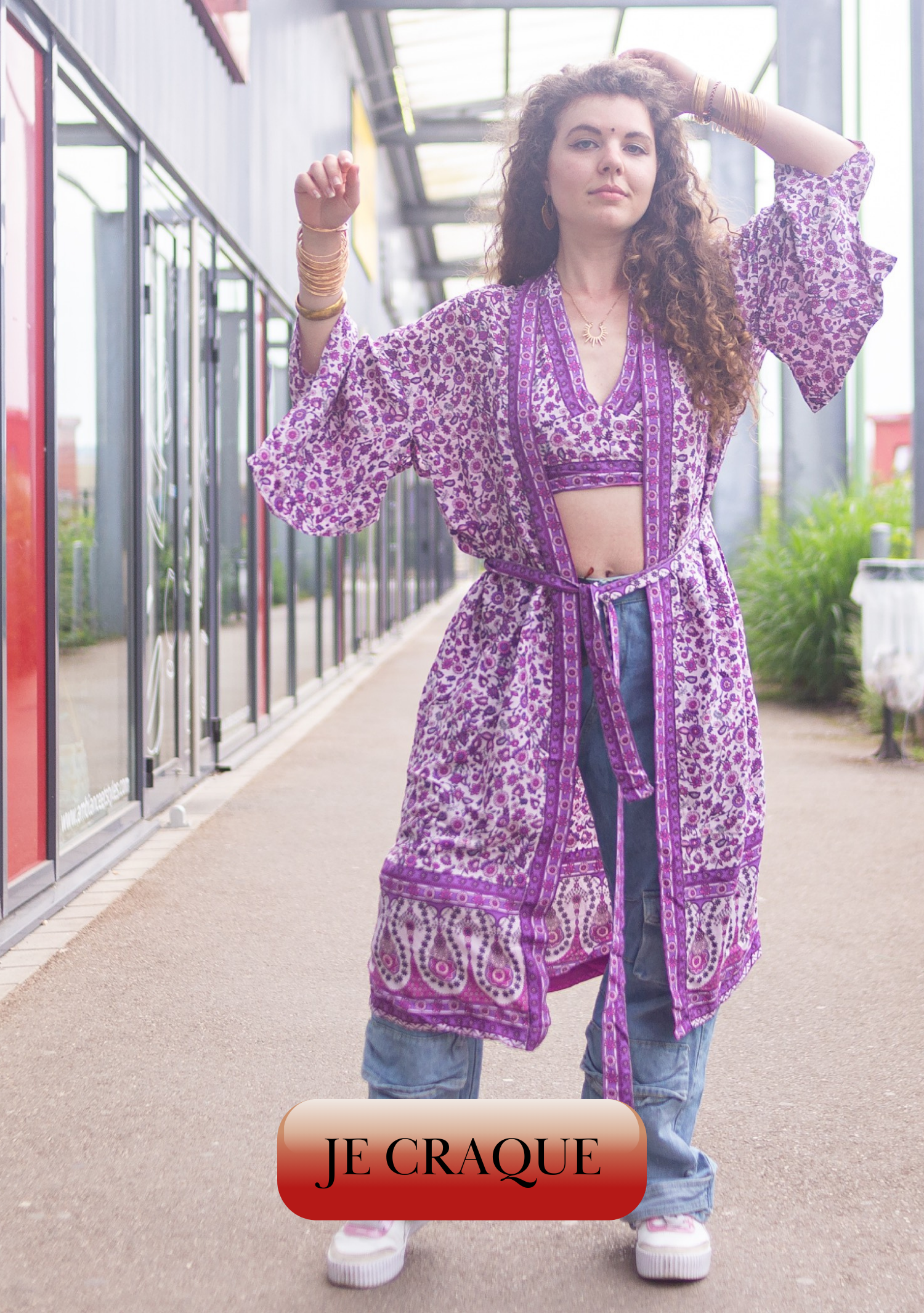 kimono long violet à motifs bohème