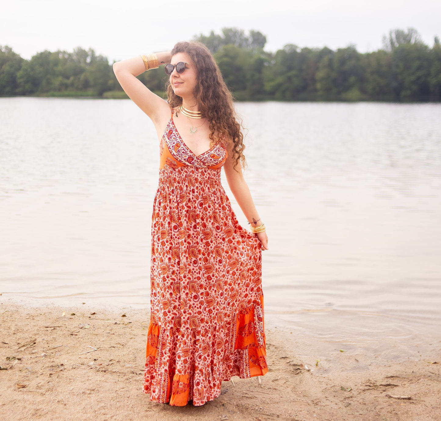 robe hippie longue orange évasé boheme