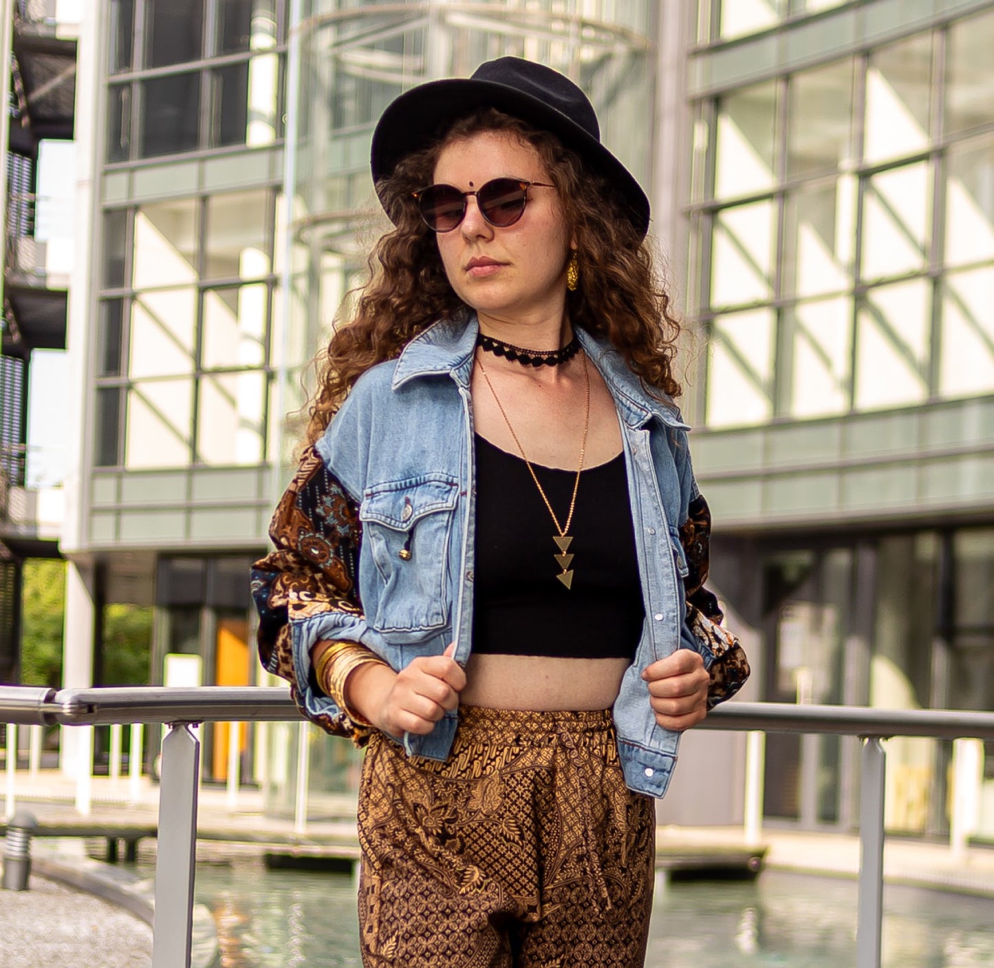 veste en jean motifs brun ethnic